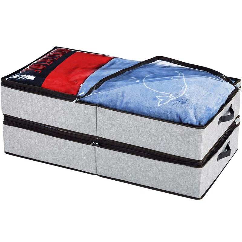 HOONEX Under Bed Storage Containers Zippered Clear Top Lid, Outer Linen Fabric, Reinforced Frame and Sturdy Bottom, 2 Leather Carrying Handles, 2 Pack, Grey - Image 1